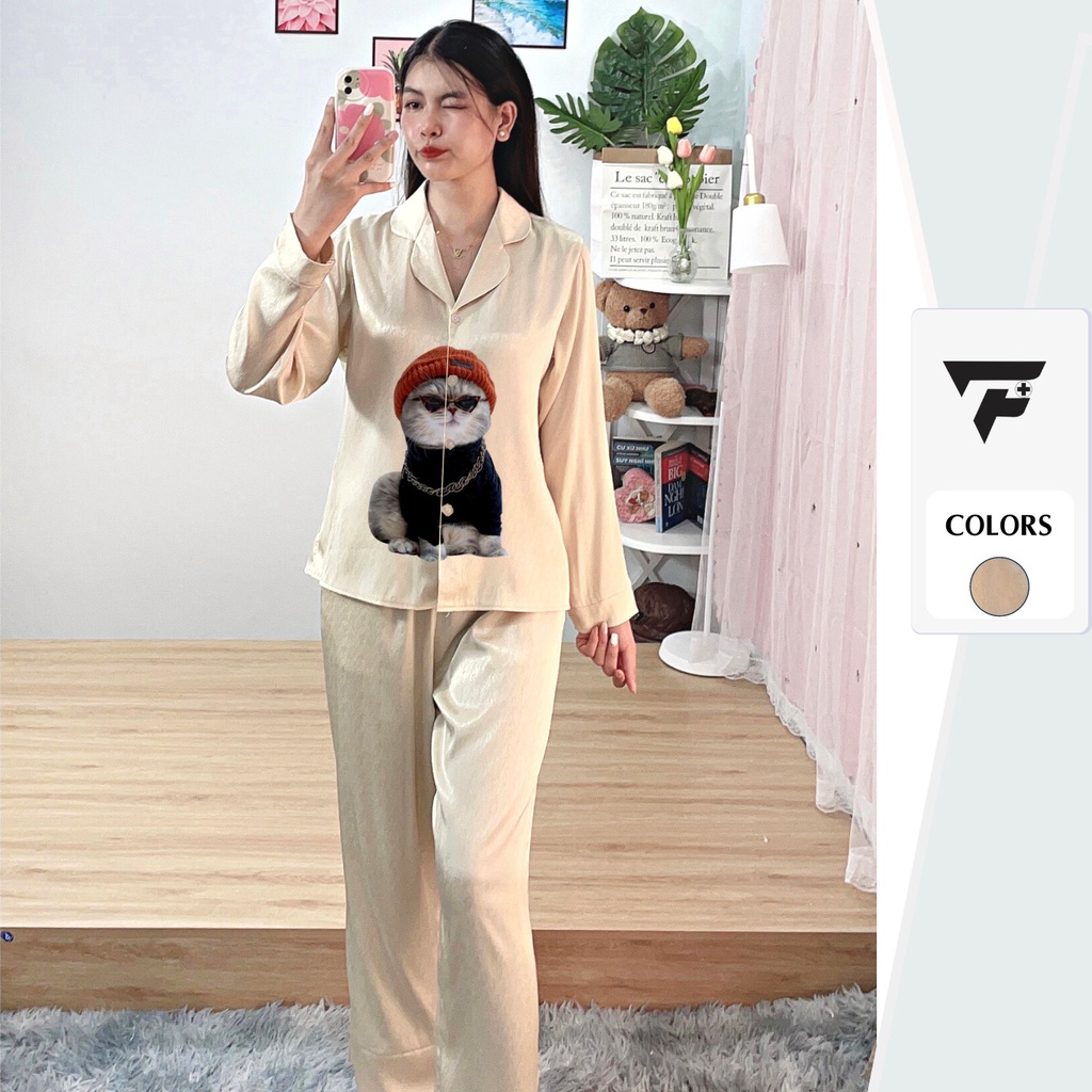 Bộ pijama in hình tơ tằm ÁNH KIM T8 mặc nhà mặc ngủ tay dài quần dài