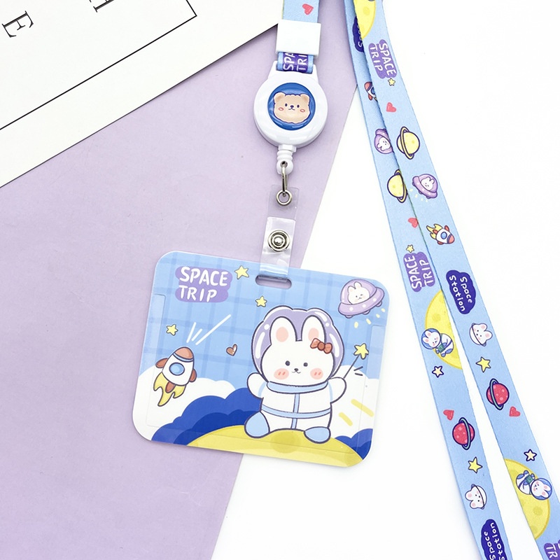 Bao đựng thẻ ngang họa hình thỏ kèm dây đeo cổ nút rút co dãn cute