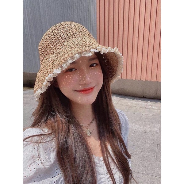 Mũ nón cói vành phối ren đi biển hè cho mẹ và bé MCL06