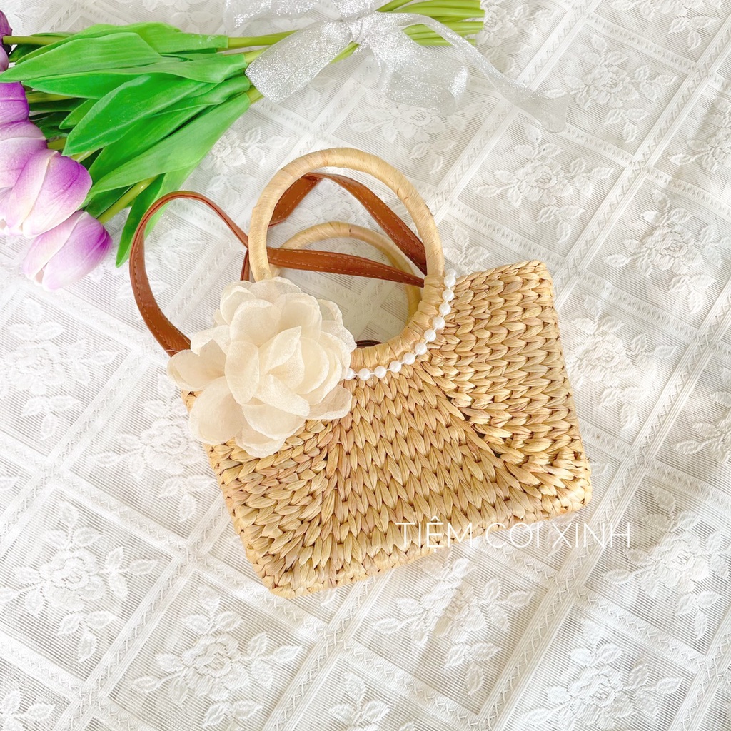 Túi xách lục bình nhỏ có dây đeo chéo trang trí dây ngọc, hoa voan dễ thương, vintage dùng làm đạo cụ chụp ảnh