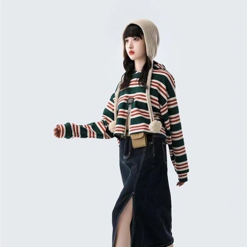 Áo Hoodie Họa Tiết Kẻ Sọc Phối Khóa Kéo Phong Cách Retro