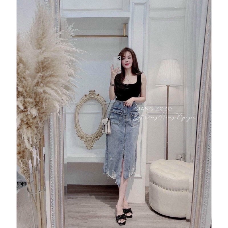CHÂN VÁY BÒ TÚI HỘP RÁCH GẤU #064