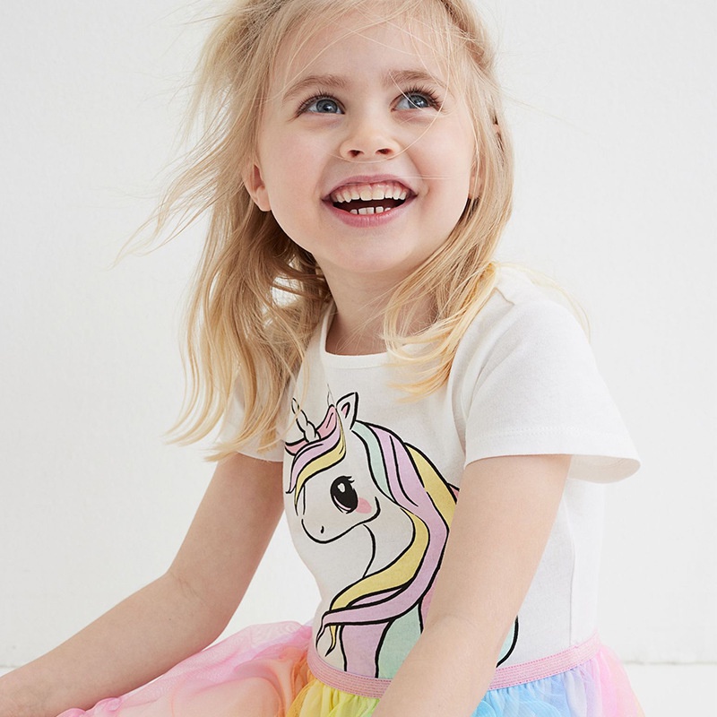Váy Trắng Pony Cầu Vồng Phối Ren Cho Bé Gái 10-28kg