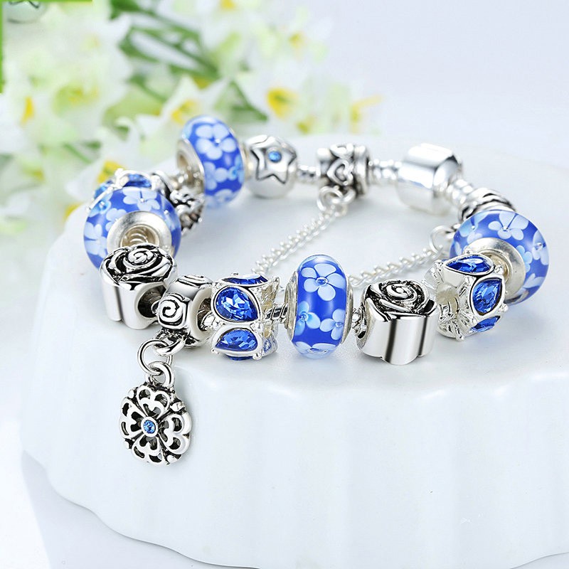 Vòng đeo tay BAMOER chuỗi hạt thủy tinh murano màu hồng và đen/ xanh dương thời trang