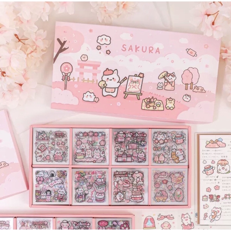 Sticker hộp 200 tấm hình dán dễ thương Sakura (PVC) - Tặng Hình Xăm Dán