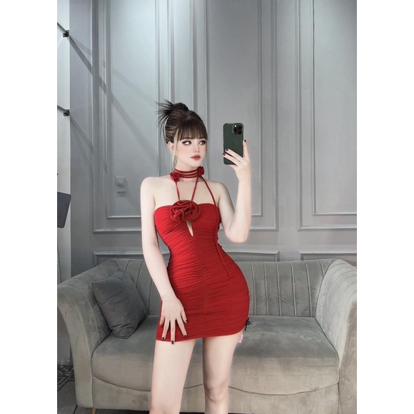 Đầm body nhún cúp ngực kết hoa hồng 🖤
