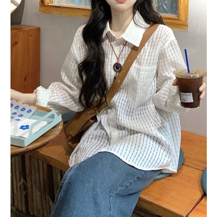 ( Loại 1 + Ảnh Thật ) Áo Sơ Mi Đục Lổ Ren Kẻ Ô Tay Dài Cổ Bẻ Trắng Kem Form Rộng
