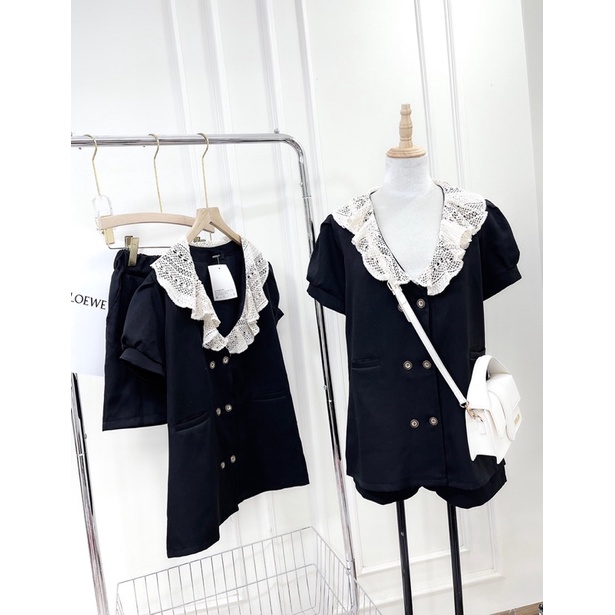 SET VEST ĐEN CỔ BÈO REN 6 CÚC