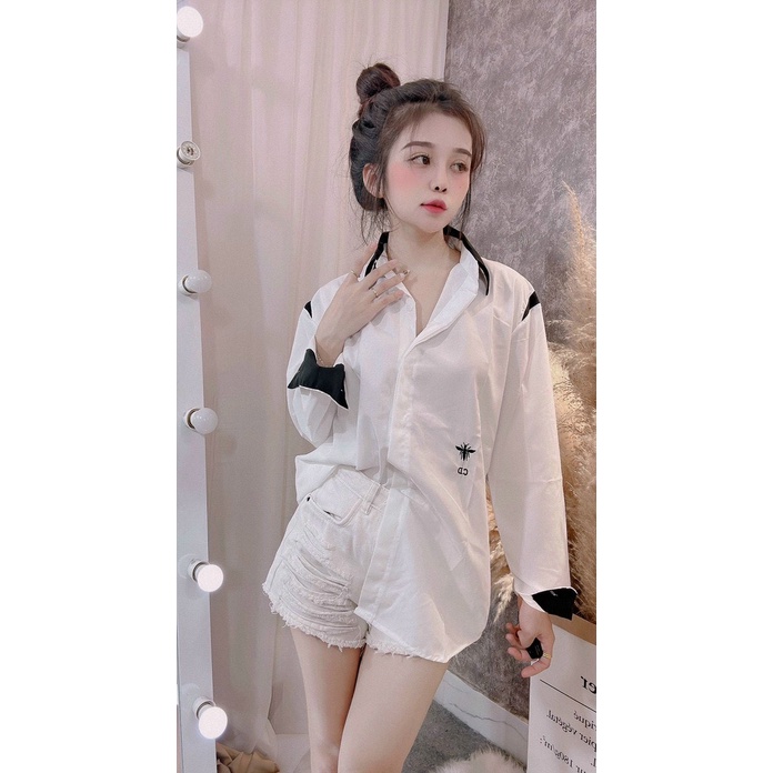 Sơ Mi Dài Tay CD Sọc Thêu Ong Chất Thô Nến Cổ Viền Đen Dáng Rộng  Đuôi Tôm Hàn Quốc