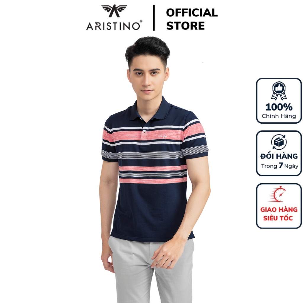 Áo thun polo nam Aristino APS006S1 phông có cổ bẻ dáng regular suông vừa phối màu kẻ ngang vải Cotton cao cấp mềm mại