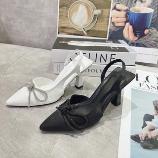 Sandal cao gót lụa khoá đính đá sáng cao cấp