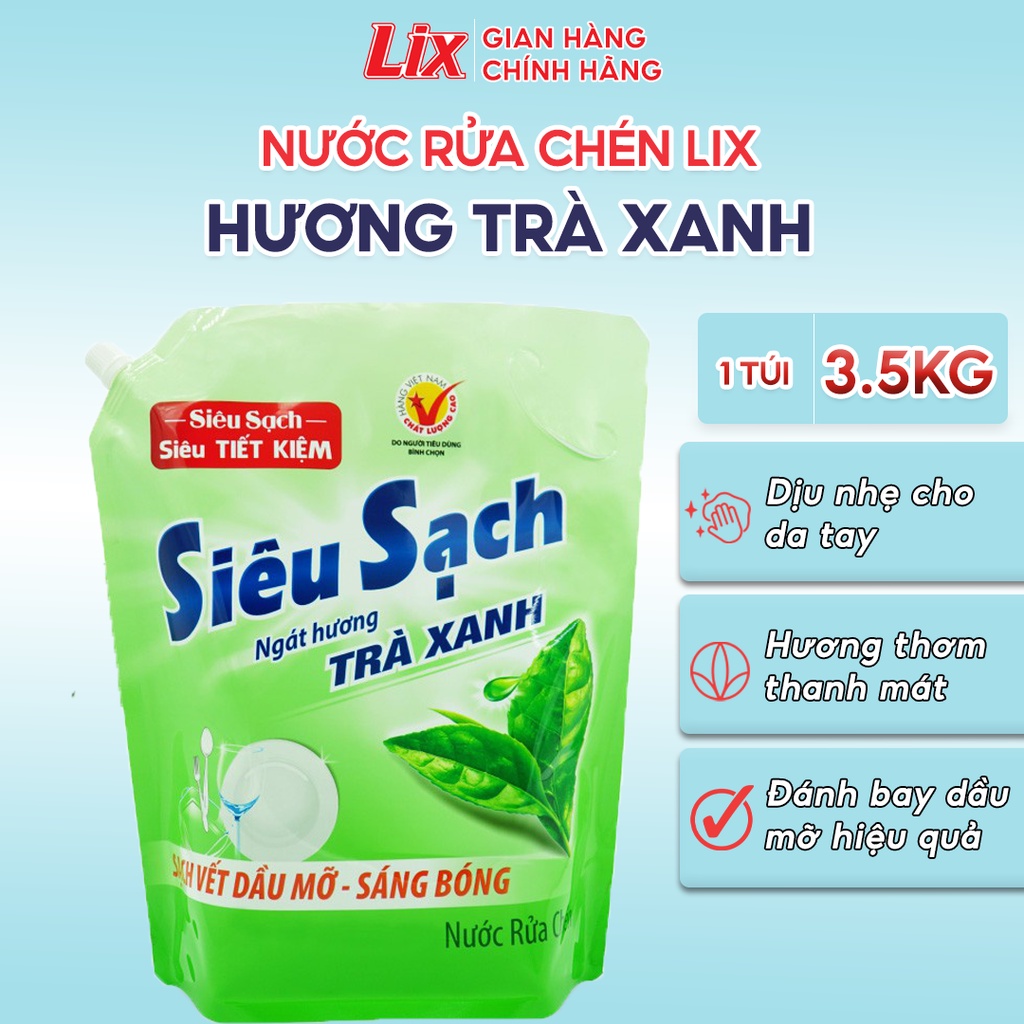 Nước rửa chén LIX 3.5KG siêu sạch hương trà xanh loại túi N8101 làm sạch vết bẩn dầu mỡ không hại da tay