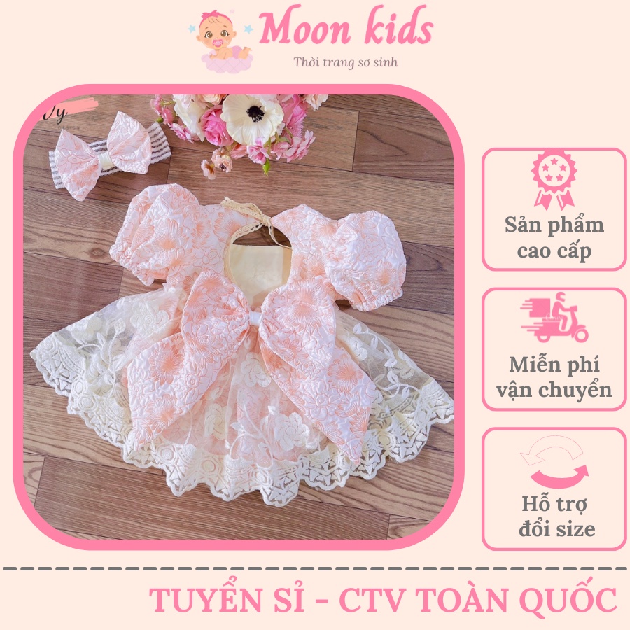 Váy Bé Gái Sơ Sinh MOONKIDS, Body Váy Cho Bé Thiết Kế Cao Cấp Kèm Phụ Kiện, Đầm Đầy Tháng, Váy Sơ Sinh Hồng, Váy Bé Gái