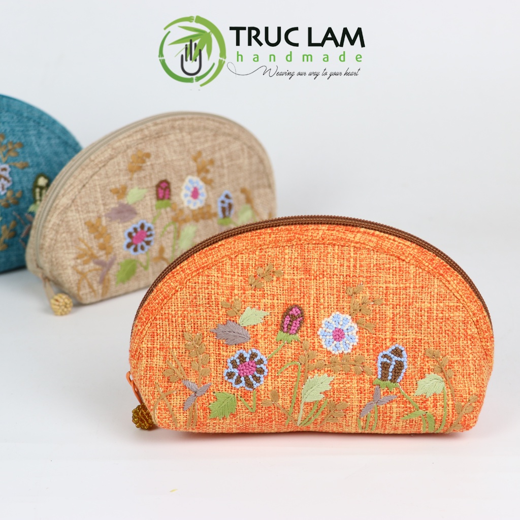 Ví Cầm Tay Nữ Ví Sò Vải Gai Họa Tiết Hoa Cỏ Thêu Tay Hai Mặt Họa Tiết Hoa Cỏ Trúc Lâm Handmade THEUV42
