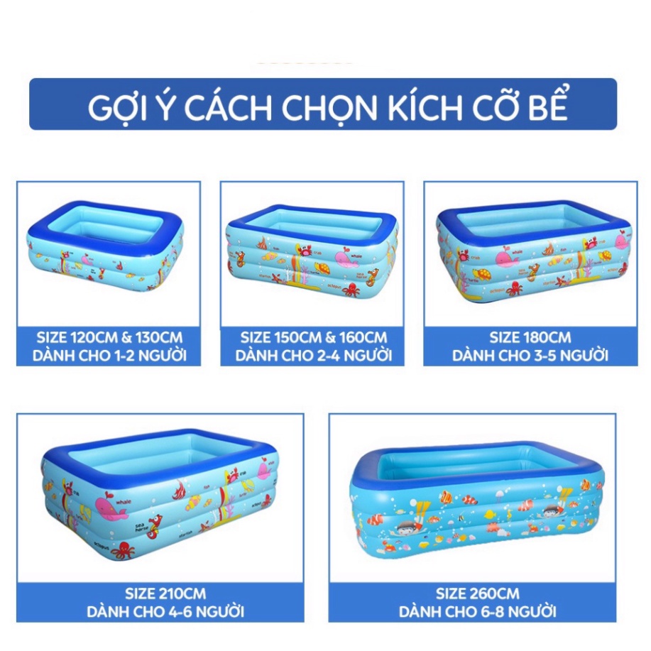 Bể bơi cho bé, hồ bơi trẻ em loại dày hình chữ nhật 1m2, 1m3 , 1m5, 1m8, 2m1