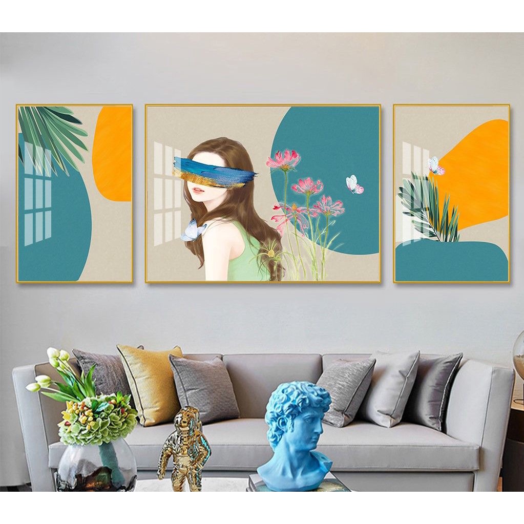 Khổ lớn 160 - 60 cm Bộ 3 Tranh Treo Tường Canvas CAO CẤP Hoa Cúc Hoa Hướng Dương Cô Gái Nghệ Thuật Kiểu Mới -Melyhome