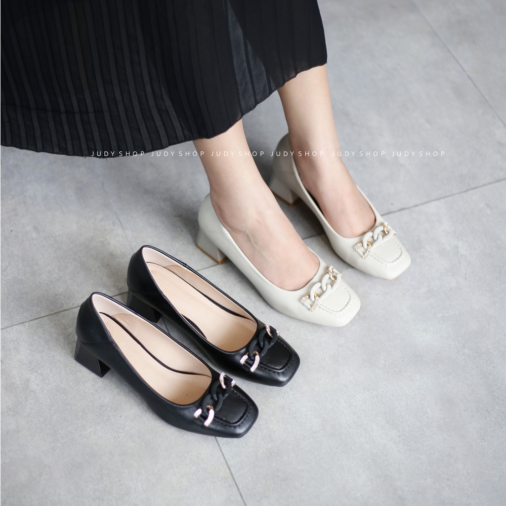 Giày Công Sở Nữ - Giày Gót Vuông Da Mềm khuy Xích Cao 4p QCCC