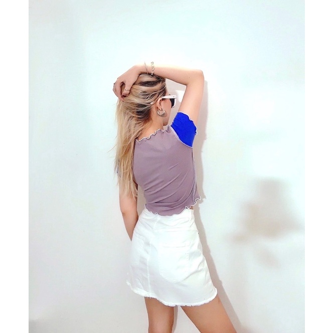 Áo croptop ôm thun bo gân xoăn lai, phối màu qua lại, 4 màu