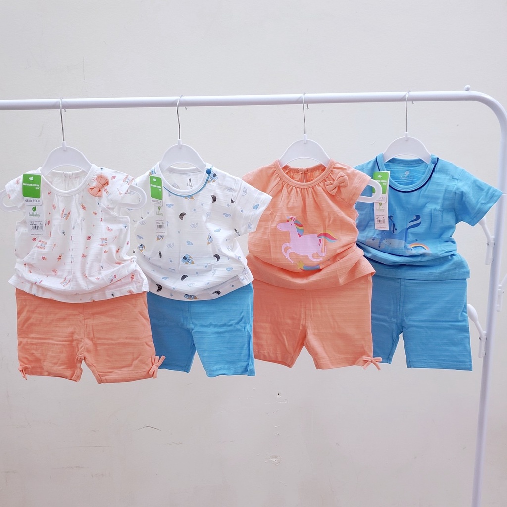 Lullaby bộ quần áo cộc tay mùa hè cúc vai vải cotton xước mát thoáng khí bé trai bé gái