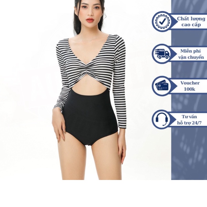 Bộ đồ bơi NỮ BIKINI PASSPORT kiểu Một mảnh tay dài ngực áo cánh bướm - Kẻ sọc - BS402_STR (TUYỂN SI)