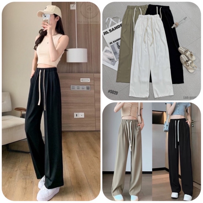 Quần ống rộng loe dáng suông dây rút dáng thon cao phong thái hàn quốc nội y xanh - chất mát