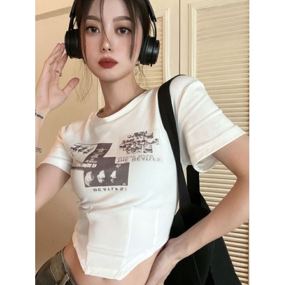 Áo Thun Dáng Ngắn Form Ôm Phong Cách retro Mỹ