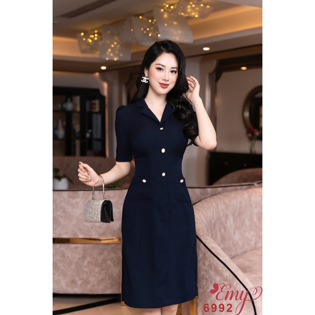 Đầm EMY EM6992 Xoè A Cổ Danton Xanh Đen