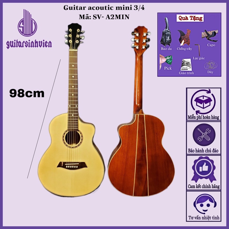 Đàn guitar acoustic mini 3/4 SV-A2MIN gỗ thịt có ty chống cong - Tặng