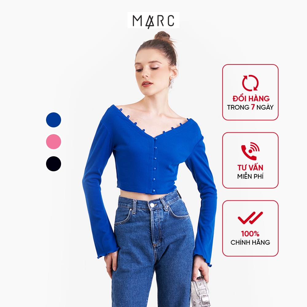 Áo thun gân croptop nữ MARC FASHION tay dài cổ V phối nút trước FAST022623