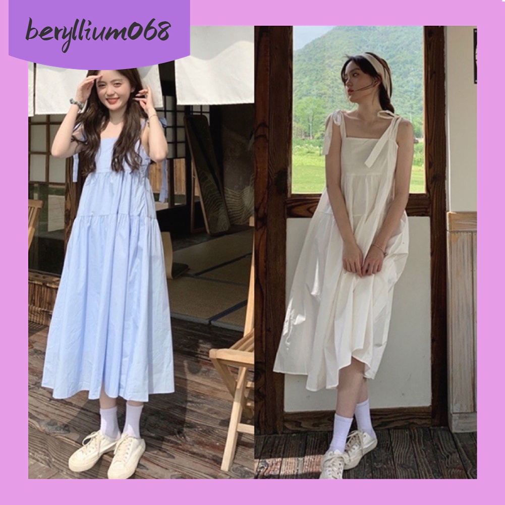 Đầm váy hai dây babydoll thô thắt nơ 2 màu - Cao Cấp Áo Dài Cho Mùa Hè Đi Học Làm việc - Beryllium068