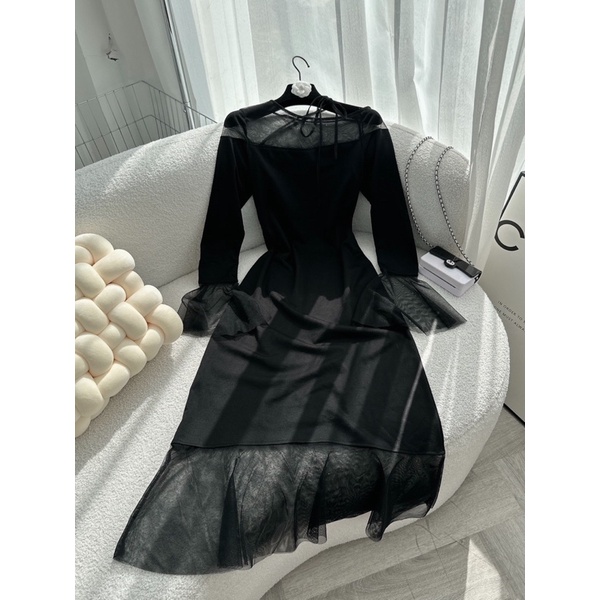 ĐẦM MIDI ĐEN PHỐI VOAN LƯỚI ĐUÔI CÁ 🖤