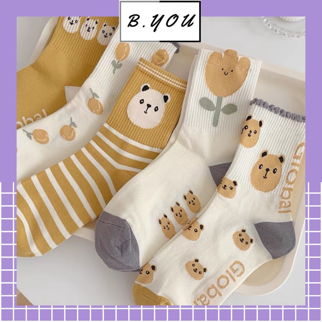 Tất nữ cao cổ, họa tiết gấu global, phong cách hàn quốc, trẻ trung, chất liệu cotton, thấm mồ hôi