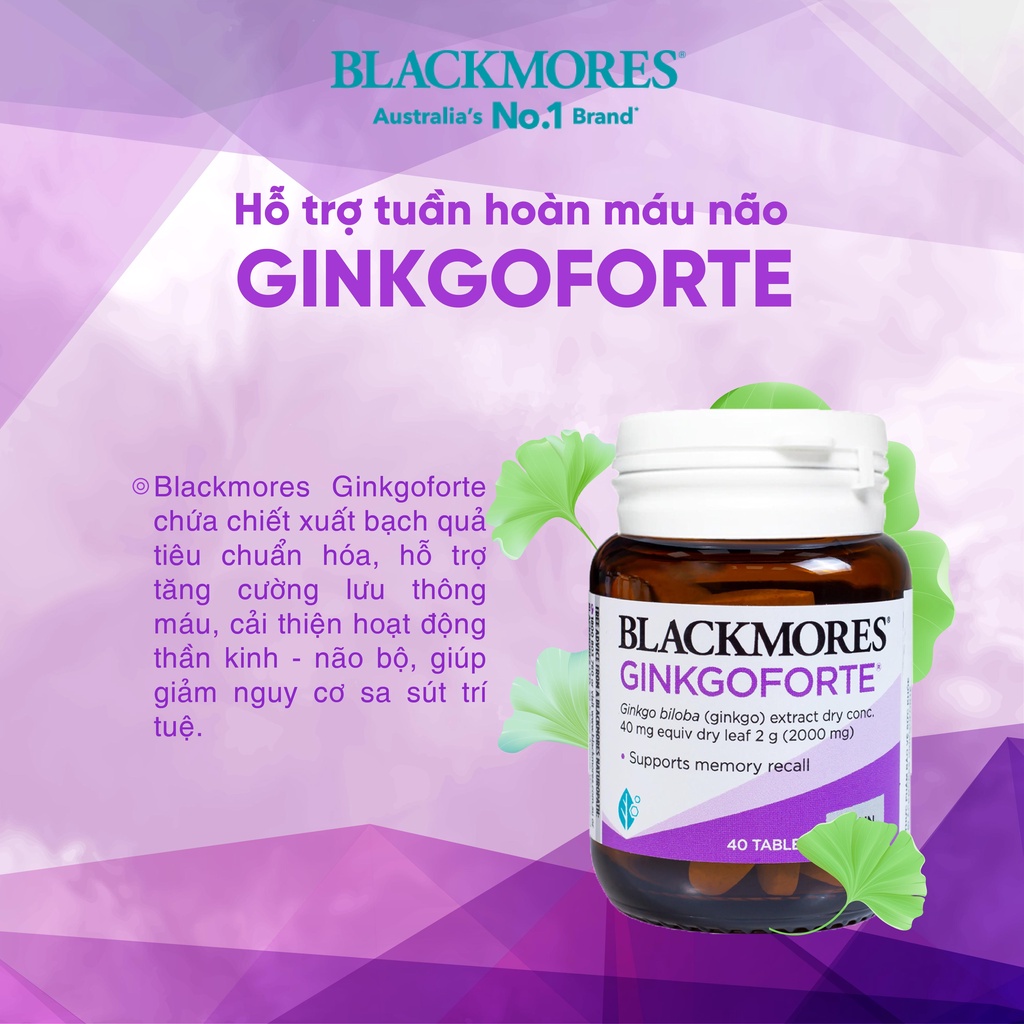 Viên uống bổ não Blackmores Ginkgo Forte tăng cường tuần hoàn não, cải thiện trí nhớ 40 viên của Úc