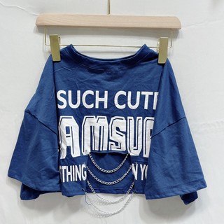 127 - Áo croptop nữ kiểu phối xích khoét eo cá tính năng động chất vải thun trơn in chữ Free Size dưới 53kg