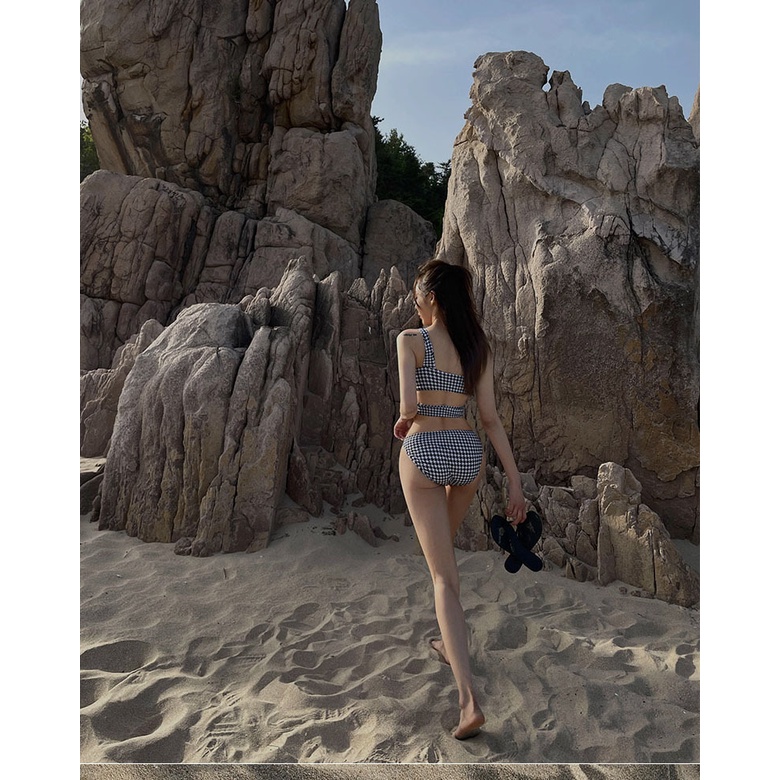 Bikini 2 mảnh đồ bơi đi biển họa tiết ziczac caro đen trắng quần cạp cao che bụng tốt có mút nâng ngực LUHAZO 2809 D-13