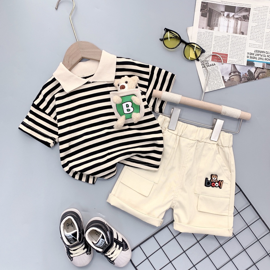 Set polo bé trai POPPY KIDS họa tiết kẻ đen kèm gấu vải cotton mềm BT12 ( từ 9 - 21 kg) BT003