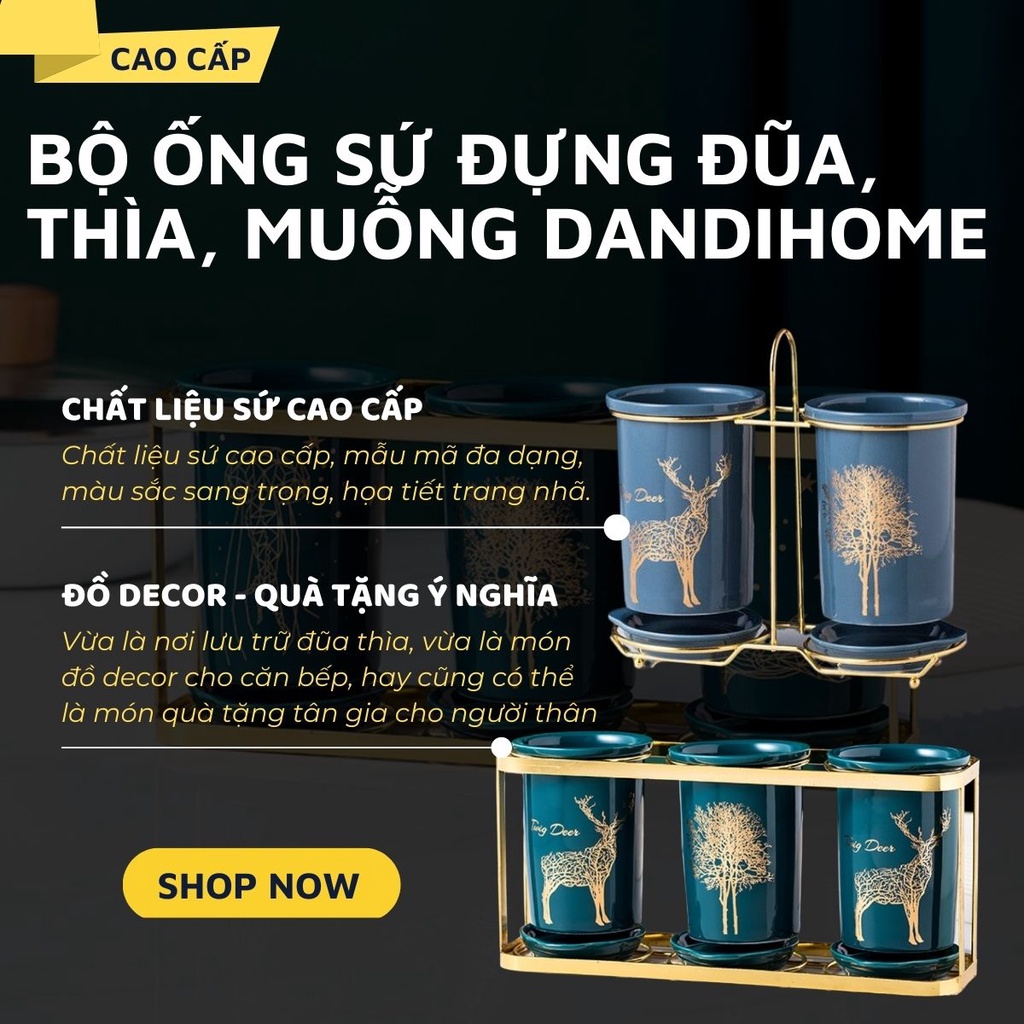 Bộ ống đựng sứ QH.Home DandiHome đựng đũa, thìa, muỗng cao cấp kèm khung thép