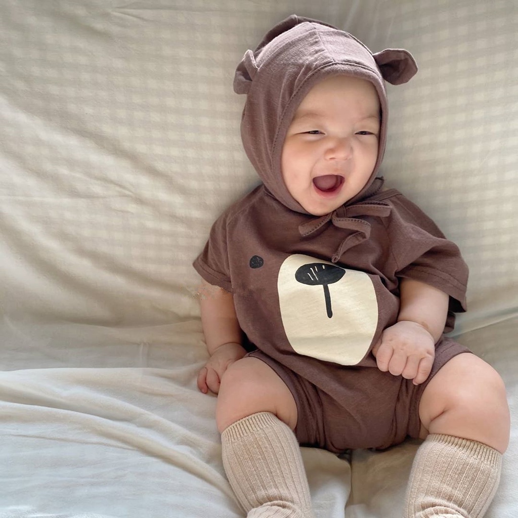 Body đùi bé trai bé gái Hình Gấu kèm mũ đáng yêu, Bodysuit cho bé chất Thun lạnh siêu mát đồ liền thân cho bé 0-12 tháng