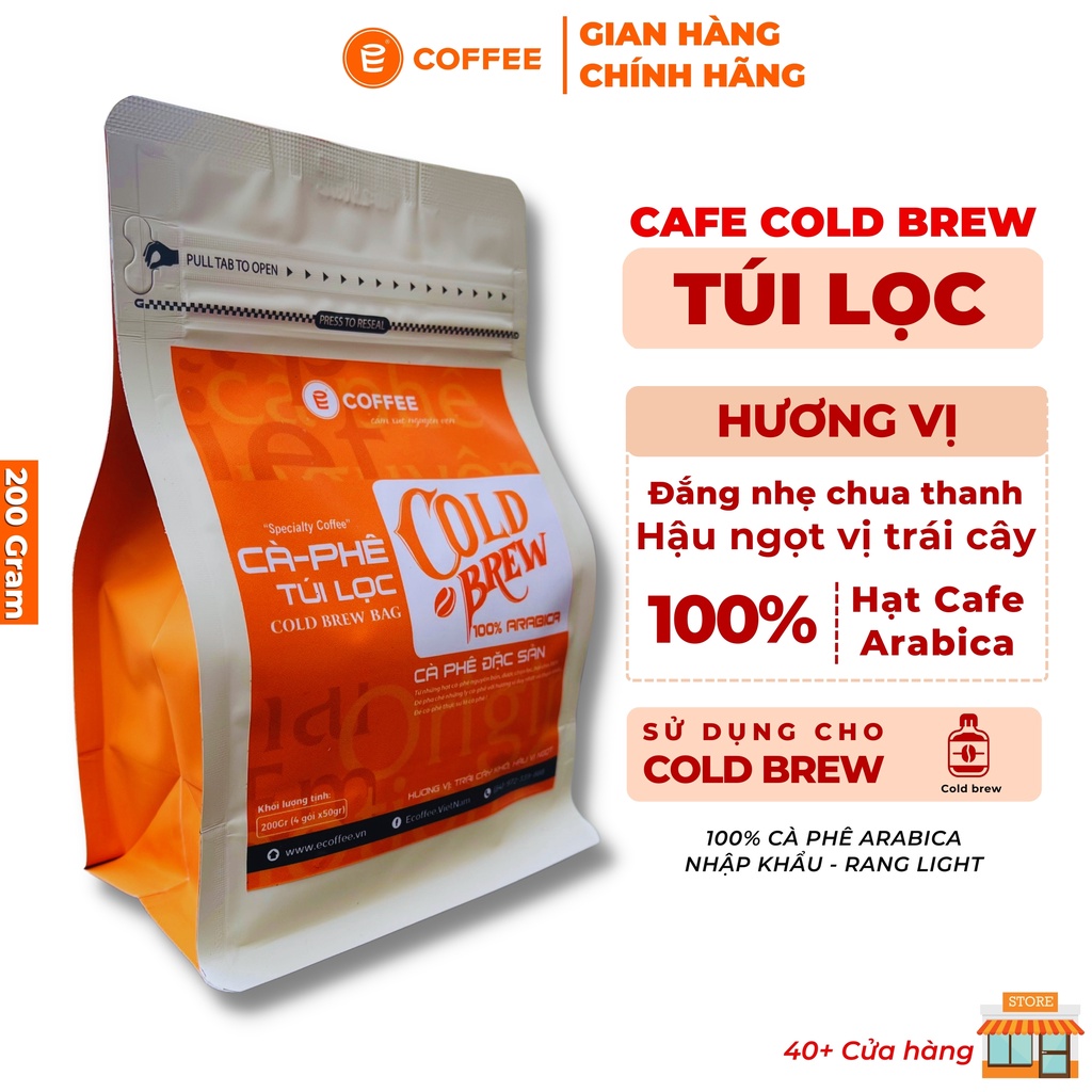 Cà phê cold brew túi lọc 100% ARABICA nhập khẩu xay khô vị đắng nhẹ chua thanh hương trái cây hậu ngọt từ E-Coffee