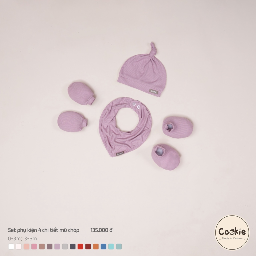 [COOKIE] Set phụ kiện sơ sinh 4 chi tiết (Mũ chóp, Yếm, Bao tay, Bao chân)  size 0-6m