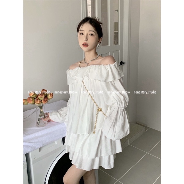 NANASTORY•Set Áo Trễ Vai Tay Bồng Kèm Chân Váy Bèo Tầng Xinh Xắn