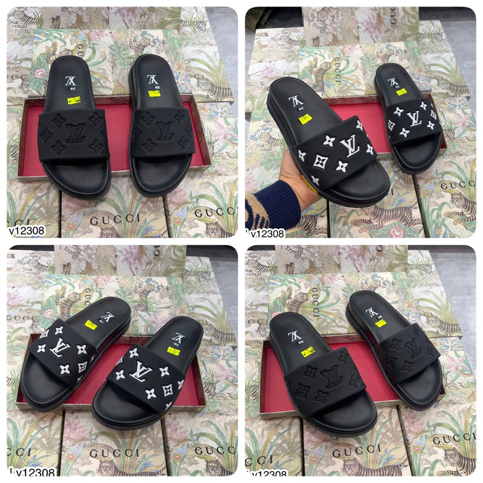 Dép Nam Quai Ngang LV Vân Nổi Đế Chống Trơn Trượt - Dép Lên Nam Nữ Chất Cao Su Cao Cấp