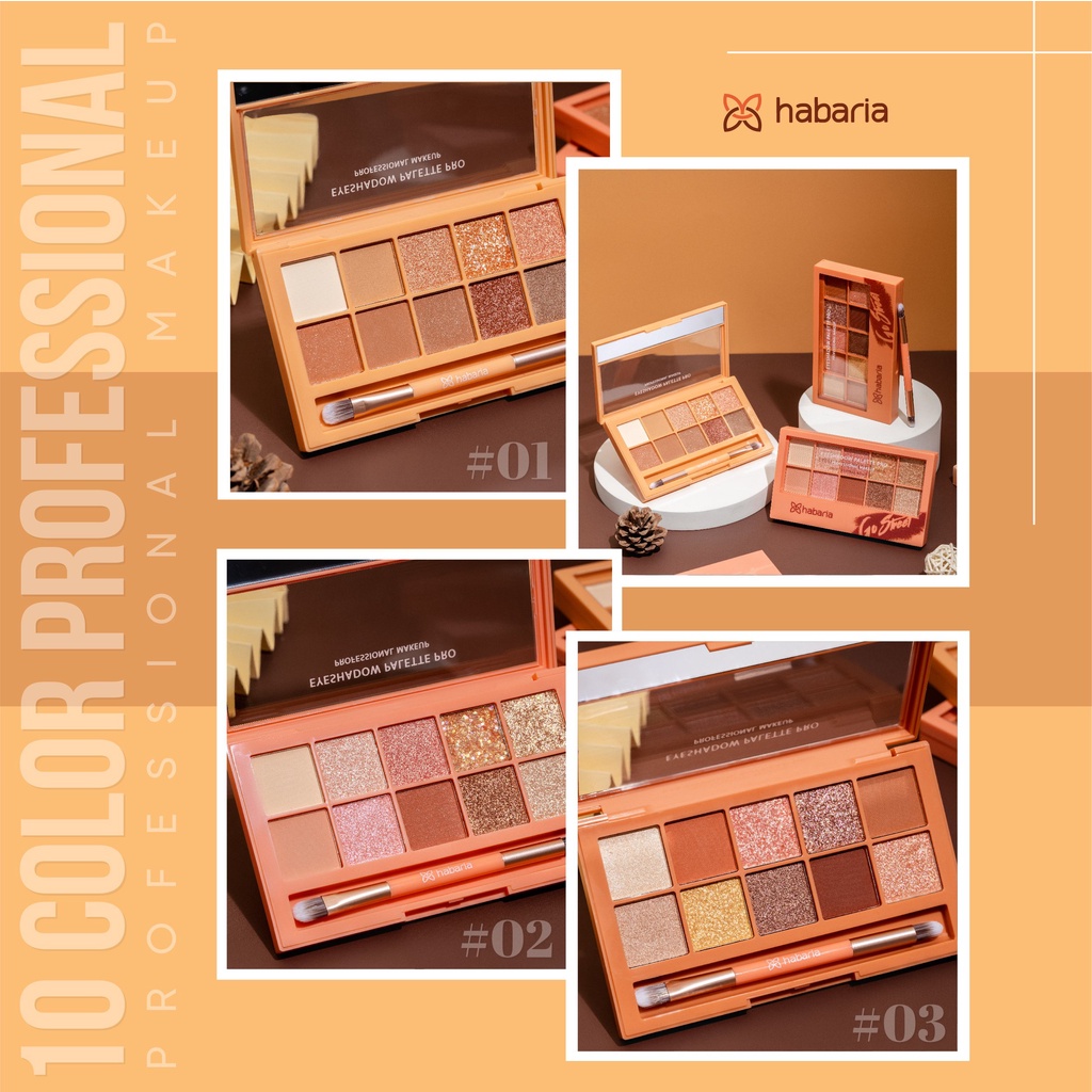 Bảng phấn mắt 10 ô HABARIA colors eyeshadow palette có kèm chổi, lâu trôi, tone màu trendy hợp tone make up Châu Á