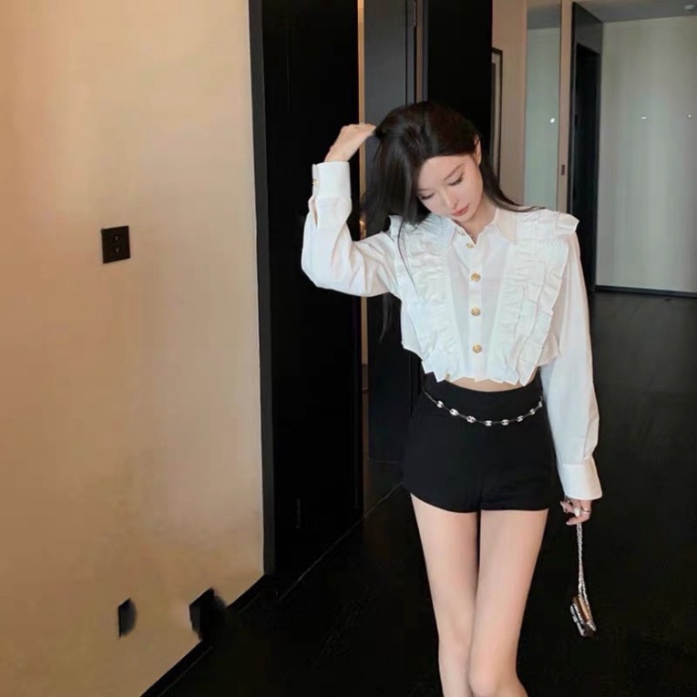 Áo Sơ mi Cao cấp Bèo Ngực Cemos Dáng Lửng Khuy Ngọc Siêu Xinh, Áo sơ mi tiểu thư Cao cấp Cemos