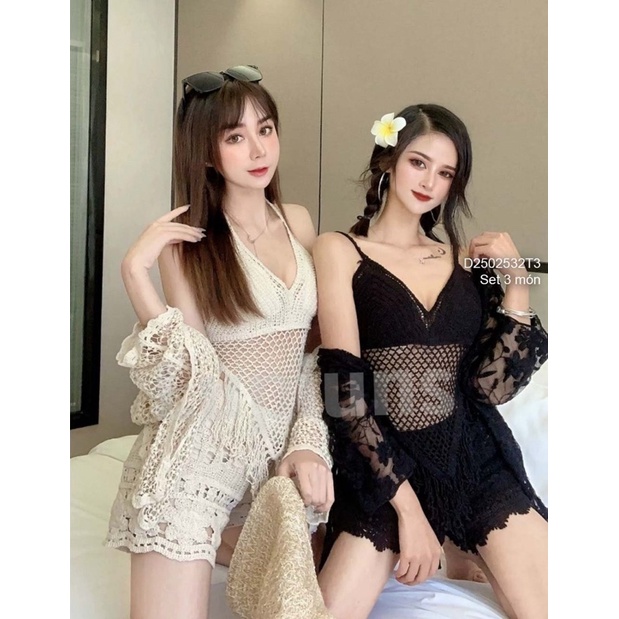 Set đi biển 3 món áo khoác ren tay dài áo bra dây lai phối tua rua kèm quần short ren