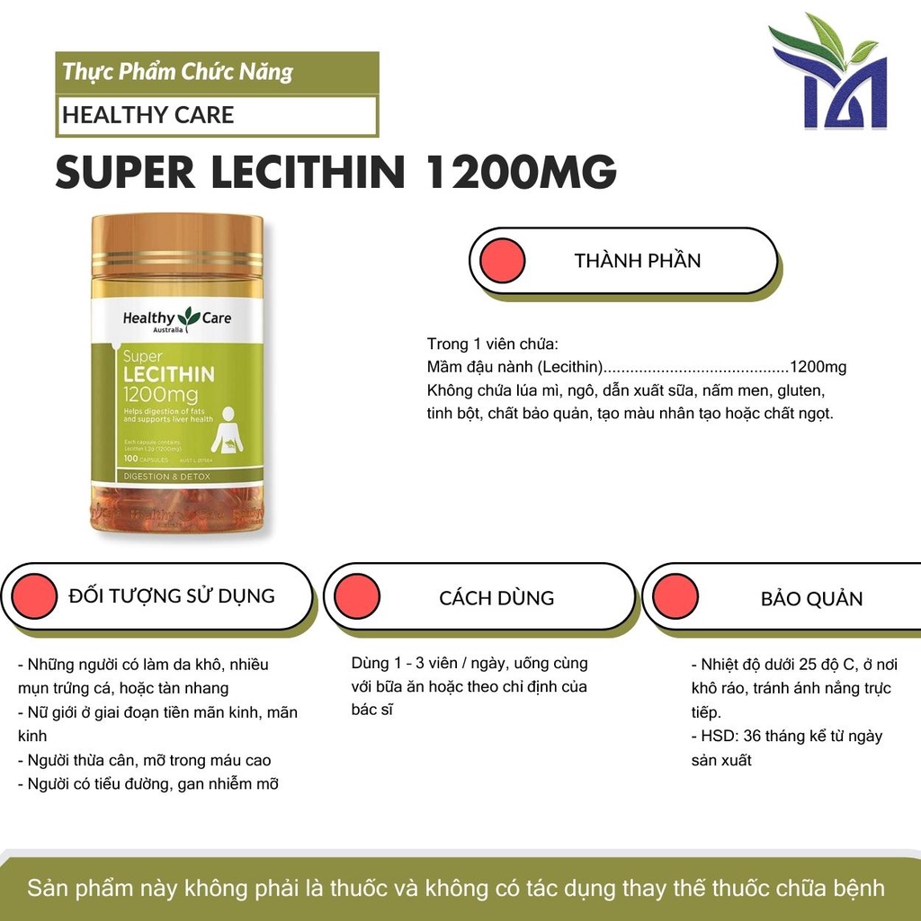 Viên Uống Mầm Đậu Nành Healthy Care Super Lecithin 100 viên Cân Bằng Nội Tiết Tố Nữ, Đẹp Da, Giảm Lão Hóa