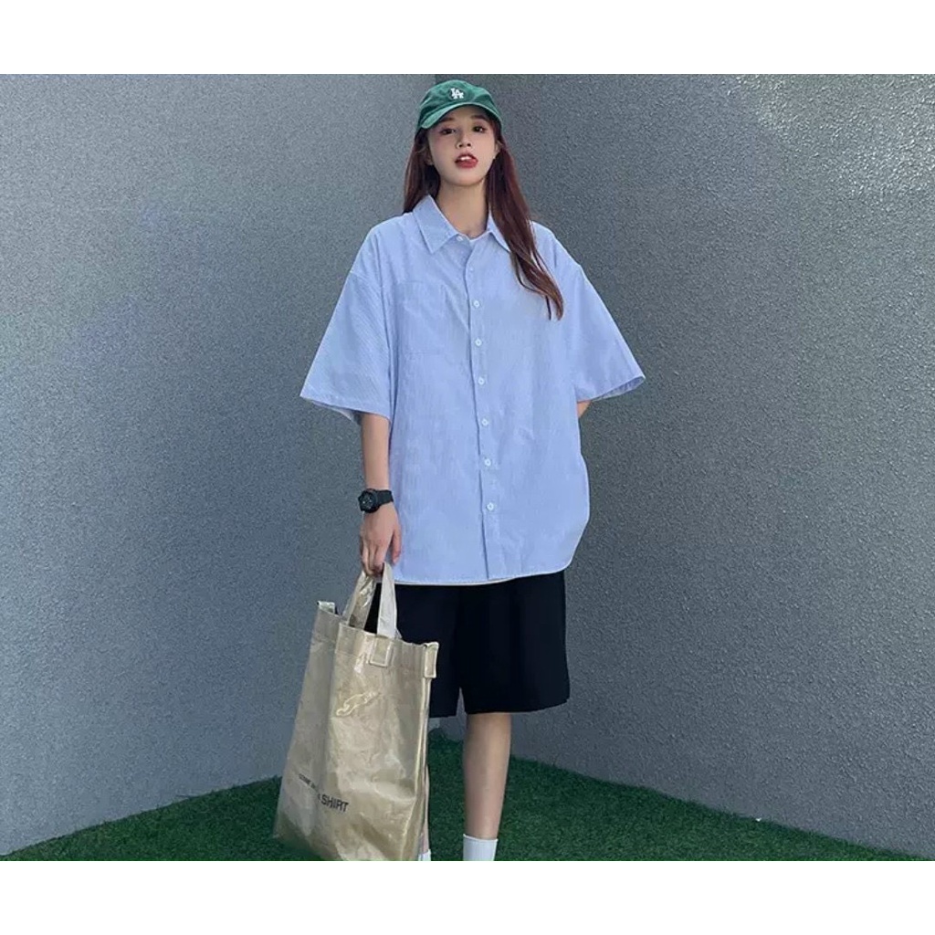 ẢNH THẬT-Áo sơ-mi tay lỡ kẻ sọc xanh trắng, có túi 2 bên, basic, nam nữ mặc được unisex ulzzang, bigsize