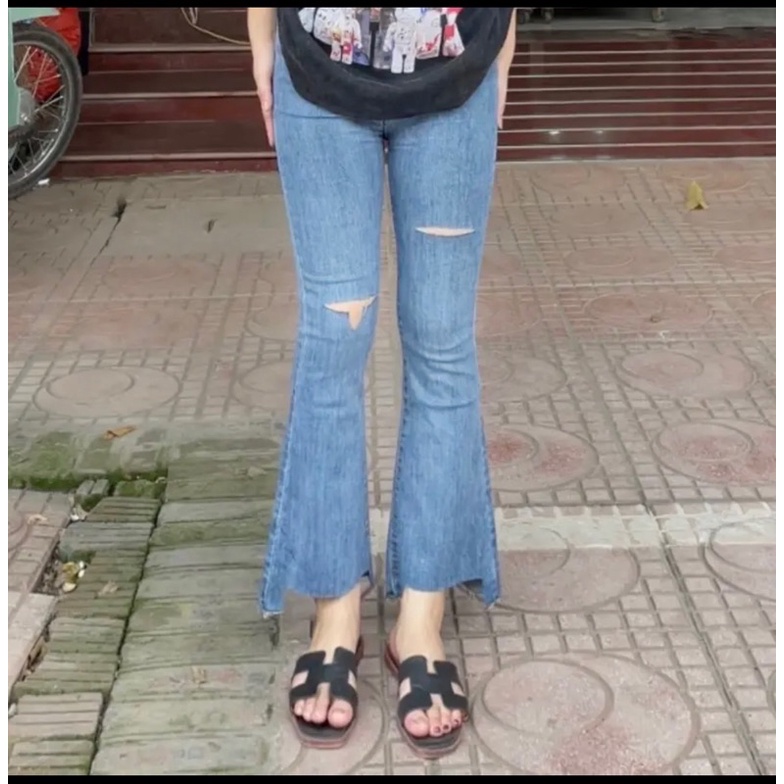 Quần Jeans nữ Ống Loe bigsize Màu Xanh Nhạt Lai U, Rách 2 Đùi Lưng Siêu Cao, Co Giãn Mạnh