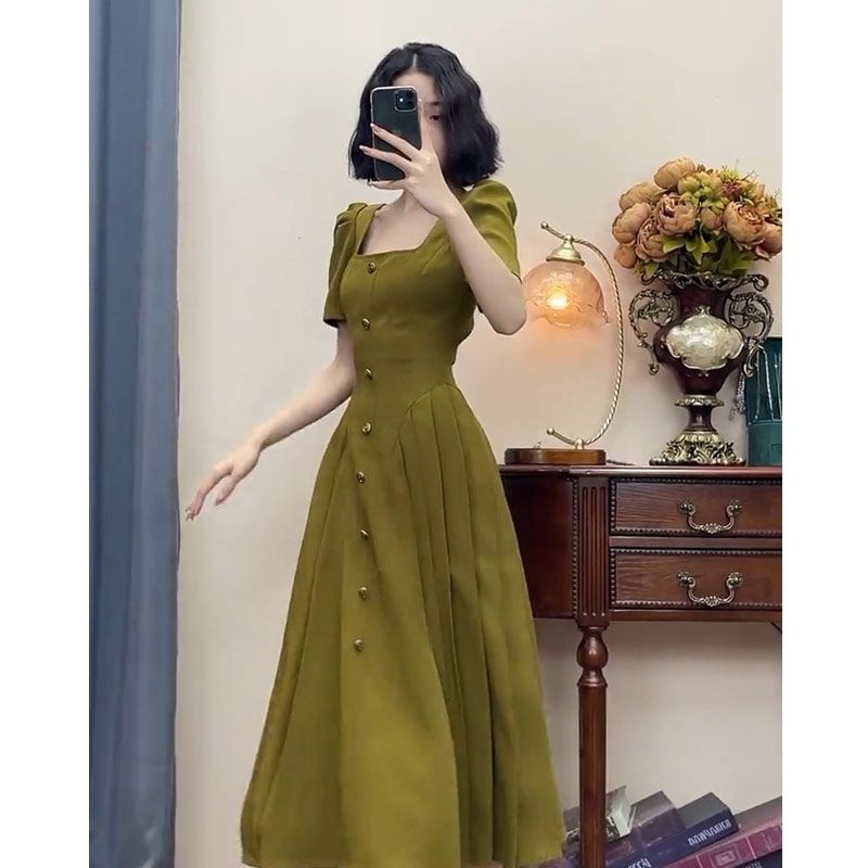 Váy Liền Cổ Vuông Váy Mối Tình Đầu Phong Cách Mori Nghệ Thuật Mùa Hè Cho Nữ Mẫu Mới Váy Dài Thắt Eo Sang Trọng Phong Các