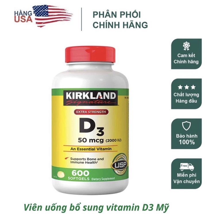 Viên uống Kirkland Vitamin D3 2000IU chai 600 viên Date 2024